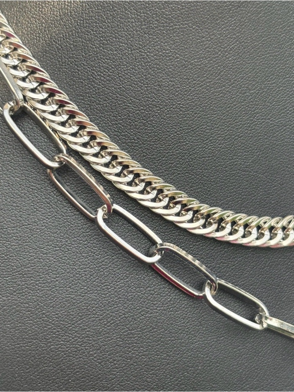 Silver Layered Chain Necklace with Round Pendant - Picture 3 of 6